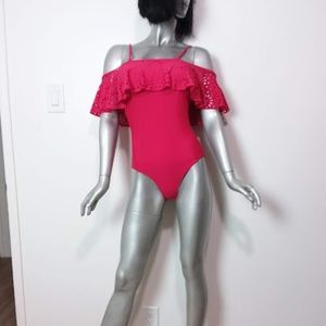 SALE!!Small Solid Red Off-the-shoulder Ruffles One-piece Swimsuit Sexy High Rise